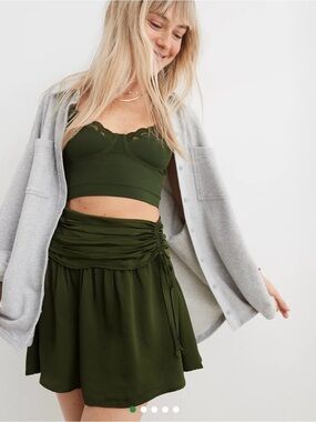 Aerie Uptown Mini Skirt Green Satin Ruched XS